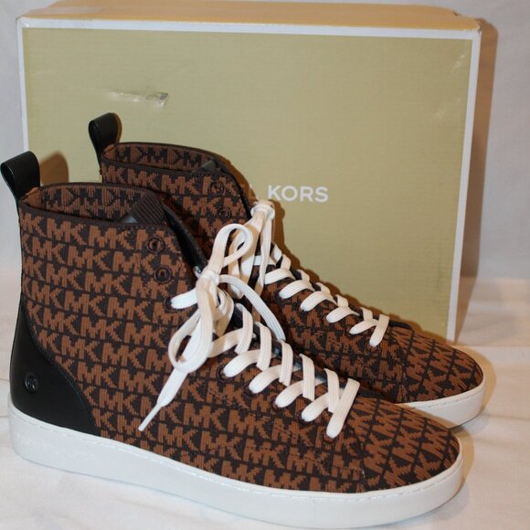 NIB MICHAEL KORS WOMEN'S HIGH TOP LOGO CANVAS SNEAKERS BROWN BLACK SIZE 9.5‎ - Picture 1 of 6